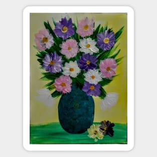 Some abstract flowers in purple and pink in a turquoise and gold vase . Sticker